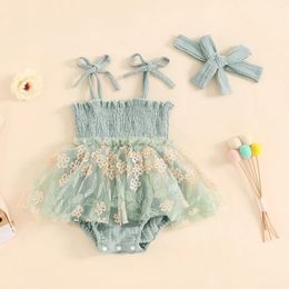 Rompers Princess Summer Baby Girls Dress Cute Embroidered Flower Tie-Up Spaghetti Strap Mesh Skirt Hem Bodysuits With Headband