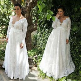 Bridal Wedding Lace Dresses Gown Scalloped Neckline Long Sleeves Floor Length Custom Made Plus Size Garden Country Vestidos De Novia