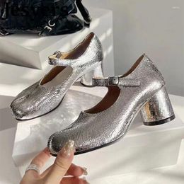 Dress Shoes Spring Autumn Split-toe Round High Heels Sandals Women Genuine Leather Pumps Metal Belt Buckle Single Mary Jane 2024