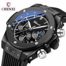 CHENXI/Dawn Rivet Multi functional Mens Watch Sun Moon Star Time Calendar Silicone Band Quartz