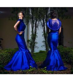 Royal Blue Plus Size Evening Dresses Sexy Back Sheer Beaded Mermaid Satin FOrmal Women Prom Gowns 2016 Summer Party Gowns2742928