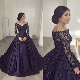 Kleider Abend Navy Lange blaue Ärmeln Spitzenapplikation von der Schulter Satin maßgeschneiderte bodenlange formelle OCN Wear Arabisch -Promkleid Vestidos