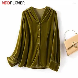 Women's Blouses Women Silk Shirt Mulberry Velvet Solid Colour Black V Neck Long Sleeve Button Down Top Blouse Office Lady M L FF041