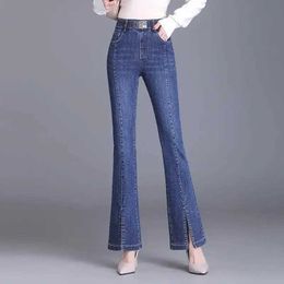 Women's Pants Capris Strtwear Fashion Women Flare Split Jeans High Waist Elastic Band Denim Spring Summer Full Pants Thin Casual Straight Trousers Y240504