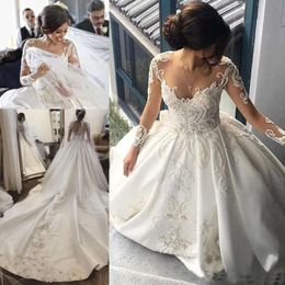 Train Floral Appliqued 2018 Court 3D Dresses Long Illusion Sleeves Ballgown Wedding Bridal Gown Custom Made