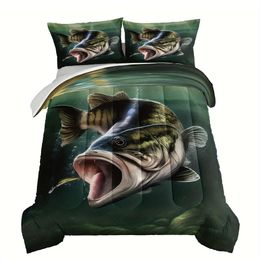 Duvet Cover 3pcs Modern Fashion Polyester Set (1*Comforter + 2*Pillowcase, Without Core), Big Eat Small Fish Print Bedding Set, Soft Comfortable And Skin-friendly Comforter