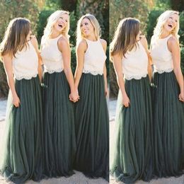 Green And Ivory 2021 Vintage Bridesmaid Dresses Sleeveless Lace Two Piece Tulle Floor Length Custom Made Maid Of Honor Gown Country Wedding