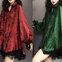 Women's Blouses Fashion Lace Patchwork Blouse Commute Single-breasted 2024 Spring Autumn Polo-Neck Female Clothing Solid Color Bright Silk