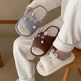 Slippers 2024 Cute Hippo Linen Ladies Bedroom Summer Cartoon Casual Ins Wind Cotton Floor Shoes Indoor Home