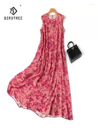Casual Dresses BirdTree 70%Real Silk 30% Cotton Elegant Women's Sleeveless Printed Beach Vacation Dress 2024 Summer D44797QC