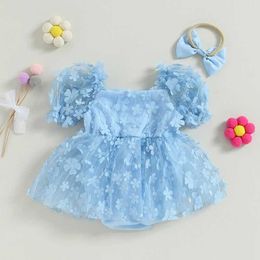 Girl's Dresses Summer Baby Girls 3D Flower Romper Princess Mesh Newborn Clothes Lace Patchwork Ruffle Bodysuit Dress Headband Infant Clothing