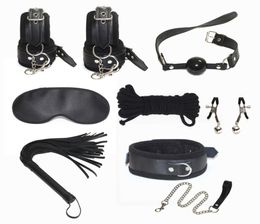 Black Leather Bondage Set Kit with sex Wrist Cuffs Mouth Gag Fetish Slave Restraint Whip Blindfold Rope Neck Collar4662948