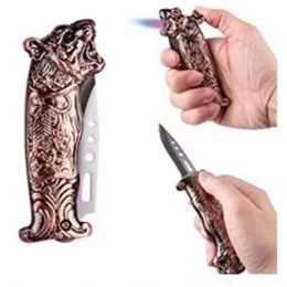 New Arrivals Windproof Cigar Lighter Tiger & Dragon Lighters With Knife 2-In-1 Jet Torch Lighter