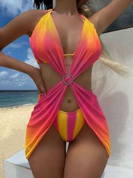 Women's Swimwear 2024 New Sexy Gradient Colour Thr Pieces Bikini Set Swimsuit For Women Mesh Skirt Bathing Suits Summer Beach Wear Swimming Suit Y240429