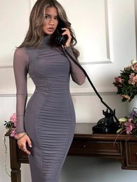 Casual Dresses Mozision Turtleneck Sexy Bodycon Long Dress For Women Two Layer Mesh Sheer Sleeve Club Party Elegant 2024