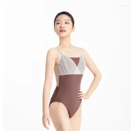 Stage Wear Ballet Leotards For Women Ballerina Bodysuit Aerialist Dance Deep V Sling Lace Splicing Drawstring Ruffes