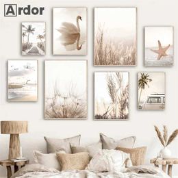 rs Seagull Swan Poster Beige Dandelion Canvas Painting Reed Art Print Beach Starfish Poster Nordic Wall Picture Bedroom Decoration J240505