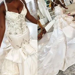 African Dresses 2021 Cathedral Mermaid Train Satin Lace Applique Sexy Halter Sequins Beaded Plus Size Wedding Bridal Gown Vestidos