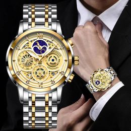 Wristwatches LIGE Mens Watches Top Skeleton Quartz Wristwatch Fashion Business Stainless Gold Watch For Men Reloj Hombre Box