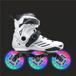 Badminton Street Road Roller Skating Ptines with 110mm Led Shine Wheels for Young Boy Girl Inline Speed Skates Sneakers Black White 3x110