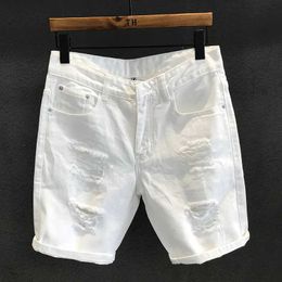 Men's Jeans Summer mens white torn jeans soft and comfortable stretch casual troubles washed denim jeans mens shortsL2405