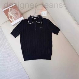 Damen Strick Tees Designer Frühling/Sommer Neue Miu Nanyou Gaoding Fresh Academy Style Heavy Industry Nagel Perle Polo Neck Kurzschlärm gestrickt Top DSBQ