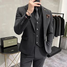Jacket Vest Pants High-end Brand Boutique Fashion Solid Colour Mens Casual Business Suit 3Piece Set Groom Wedding Dress 240428