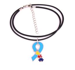 New Arrival Autism Awareness Identification Necklace Hope Puzzle Piece Pattern Enamel Ribbon Charm Pendant ID Necklace2697789