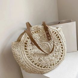 Yogodlns Summer Round Straw Bag For Women Hollow Woven Travel Beach Large Capacity Shoulder Casual Shopping Handbag Tote 240423