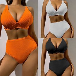 Women's Swimwear 2024 New Solid Colour High Waist Pit Striped Bikini Sexy Swimwear Bikini