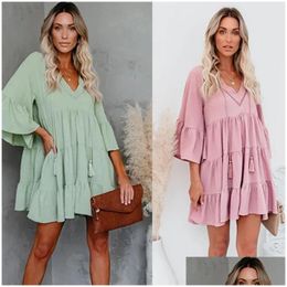 Maternity Dresses Woman Summer Clothes Sweet Short Flare Sleeve V-Neck High Waist Chiffon Dress Korean Style A-Line Drop Delivery Dhusg