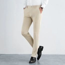 England Style Fashion Simple Elegant High Elastic Pants Men Solid Zipper Pocket Button Spring Straight Ice Silk Casual Trousers 240428