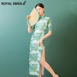 Party Dresses Stand Collar Short Sleeve Cheongsam Chinese Style Dress Women's Green Printed Qipao Traditional