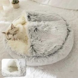 Cat Beds Furniture Long Soft Plush Round Cat Bed Winter Plush Pet Bed 2 in 1 Small Medium Machine Washable Semi-closed Dogs Comfortable Sleep Bags