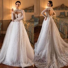 O-Neck 3D Appliques A-Line Dresses Wedding Exquisite Pearls Illusion Bodice Backless Sweep Train Custom Made Zipper Plus Size Bridal Dress Vestidos De Novia