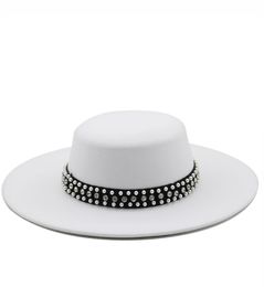 Large Wide Brim Faux Wool Pork Pie Boater Flat Top Fedora Hat with Rivet Pearls Black White Party Panama Trilby Cowboy Cap1258937