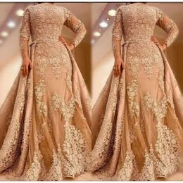Evening Dresses 2021 Neck Sleeves Long Jewel Lace Applique Overskirt Sweep Train Custom Made Plus Size Prom Party Formal Gowns Vestidos