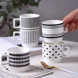 Tumblers 1PCS Nordic Simple Style Black And White Ceramic Mug Creative Polka Dot Striped Coffee Tea Cup Stackable Office Water H240506