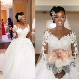 Plus sukienki 2021 Rozmiar afrykański długie rękawy koronkowe aplikacje z koralikami pociąg na zamówienie plaży ślub ślubna suknia ślubna vestido de novia