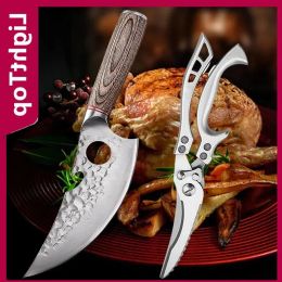 Accessories BBQ Outdoor Camping Tool Portable Boning Knife with Sheath Wood Handle Camping Knife Meat Knife Bone Scissors Kitchen Tools