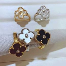 Designer Luxury Jewellery Ring Vancllf New Fanjia v Gold High Edition Lucky Four Leaf Grass Series Womens Full Diamond Agate Natural White Shell