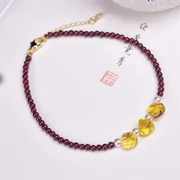 Link Bracelets 3MM Natural Garnet Citrine Ankle Chain Necklace Women Fashion Sweet Reiki Healing Energy Strand Girls Jewelry Gift 2PCS