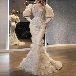 2022 Mermaid Evening Gowns Women Party Dress Full Lace Beading Feather Prom Dresses Long Sleeves High Neck Robe De 274W