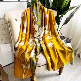 Scarves Golden Flower Print Satin Scarf Elegant Sunscreen Shawl Beach Travel Head Wrap Women Silk Feeling Hijab