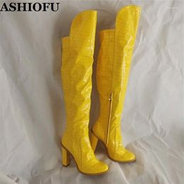 Boots ASHIOFU 2024 Real Pos Womens Thick-heels Ginghams Patent Leather Over Knee Sexy Night-club Fashion Winter