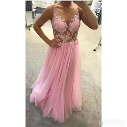 Bodice Illusion Sexy Prom Pink Dresses Sheer Neck Lace Applique Tulle Floor Length Long Evening Formal Wear Pageant Ball Gown Custom Made