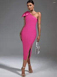 Casual Dresses Pink Bandage Dress Women Midi Party Bodycon Elegant Ruffle Sexy One Shoulder Evening Birthday Club Outfits Summer 2024