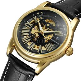 Wristwatches 2024 Fashion Forsining Top Brand Men's Casual Hollow Out Skeleton Automatic Mechanical Movement Genuine Leather Wrist Watch