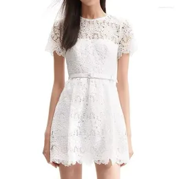 Party Dresses 2024 Spring And Summer Hollow Embroidered Round Neck Short-sleeved White Dress For Women