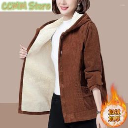 Women's Jackets 2024 Solid Color Spring Autumn Corduroy Jacket Women Winter Outwear Velvet Thick Simple Loose Mother Hooded Warm Coat